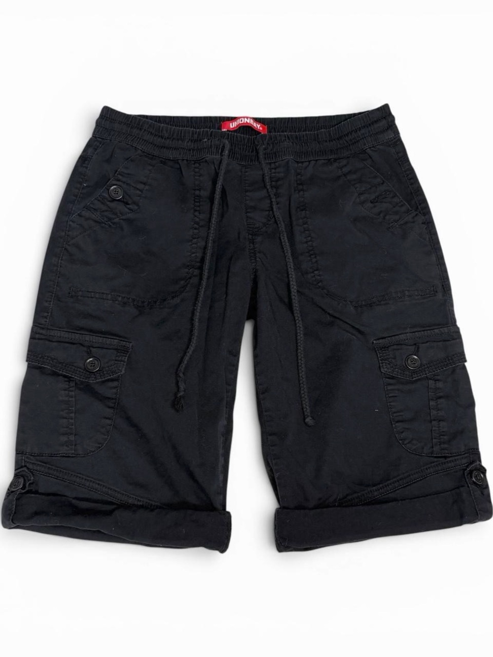 UNIONBAY Black Cargo Bermuda Shorts with Pockets + Drawstrings